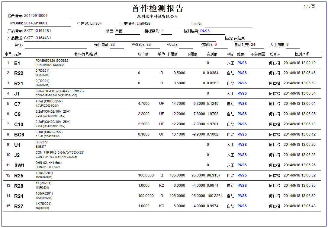 效率科技SMT首件檢測報告